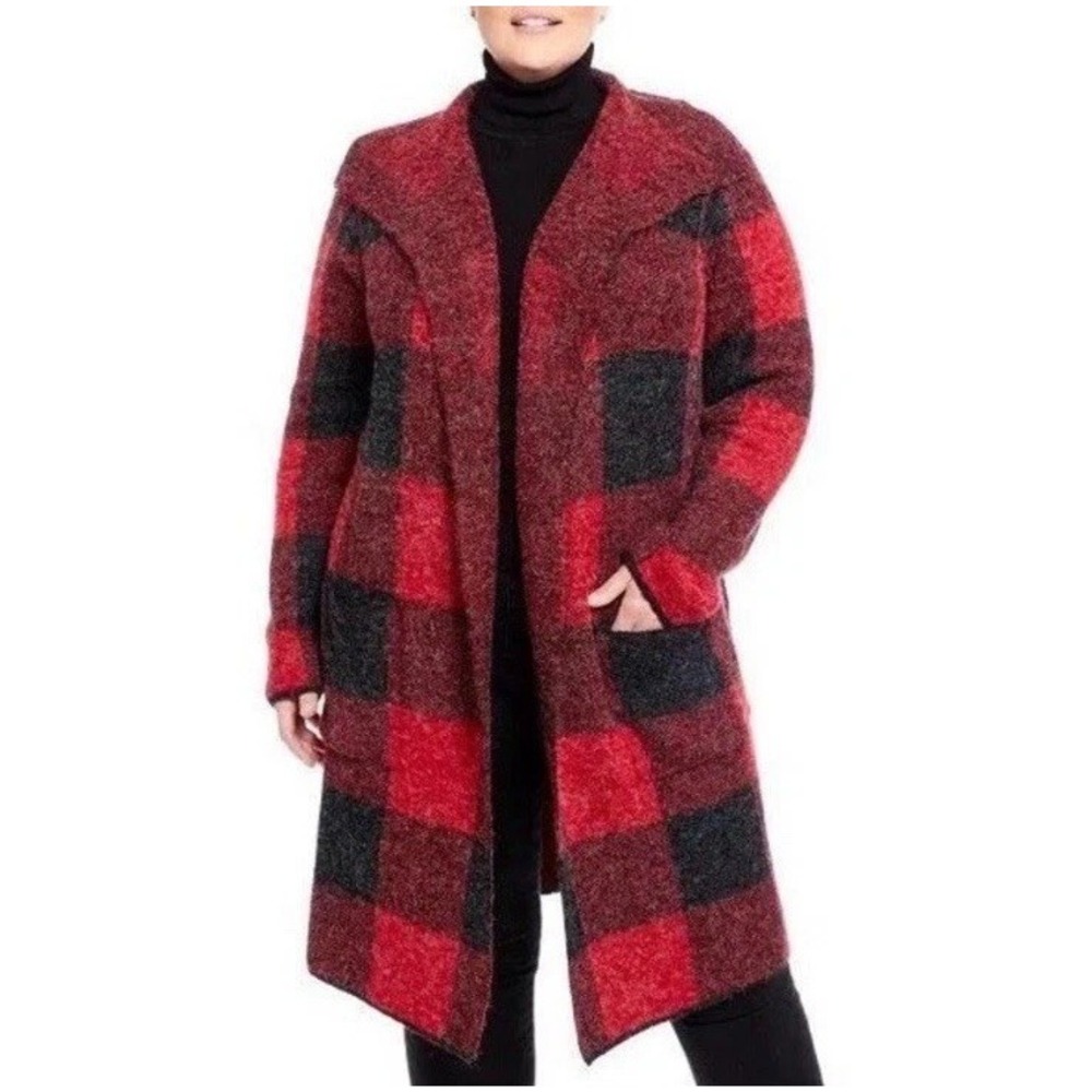 Joseph A. Women's Red Buffalo Plaid Long Cardigan Sweater Duster‎ Sz 2X Check